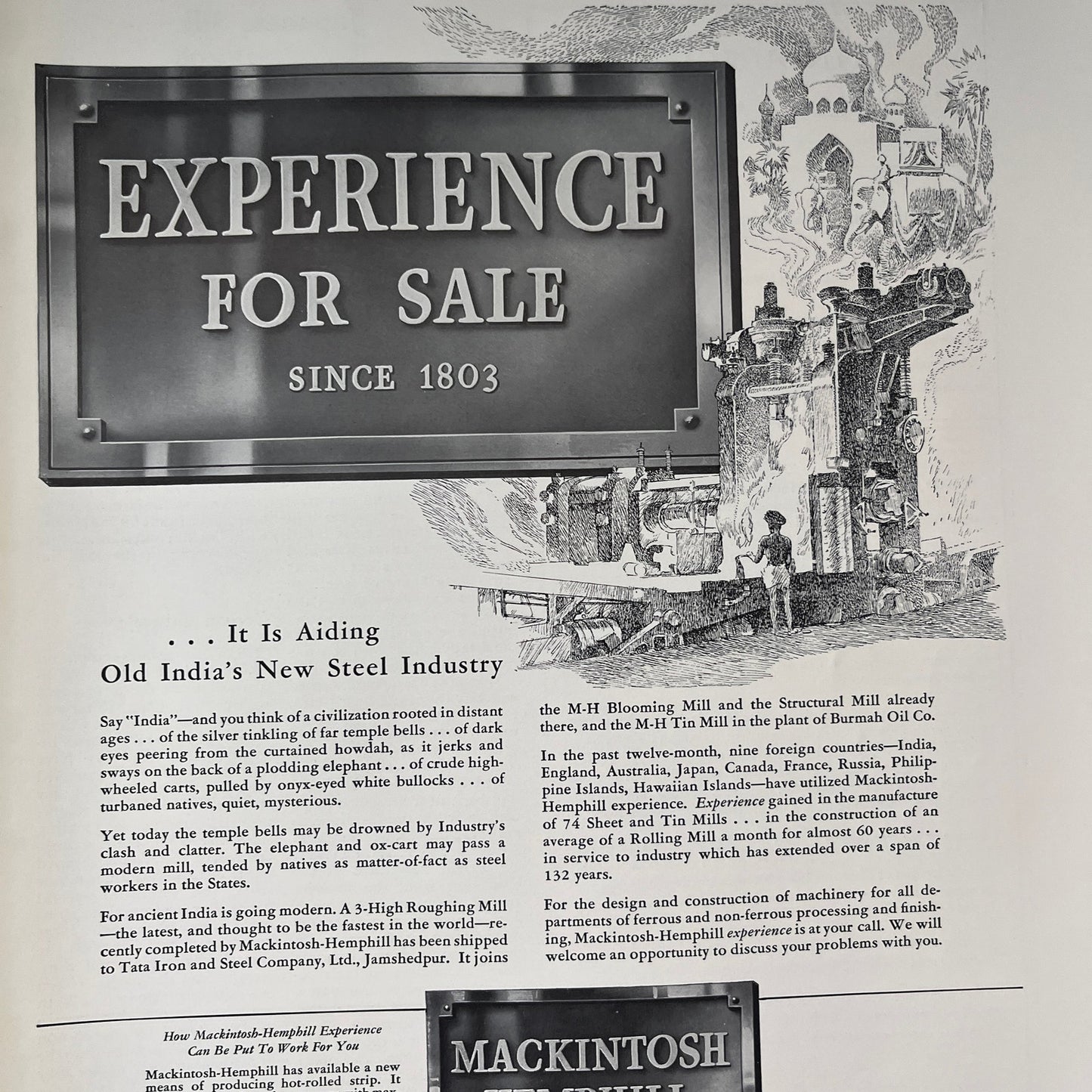 Old India's New Steel Industry Mackintosh Hemphill Pittsburgh 1935 Ad V1-4