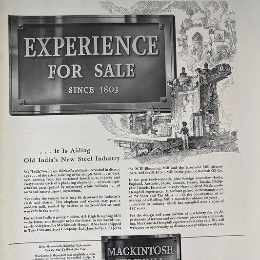 Old India's New Steel Industry Mackintosh Hemphill Pittsburgh 1935 Ad V1-4