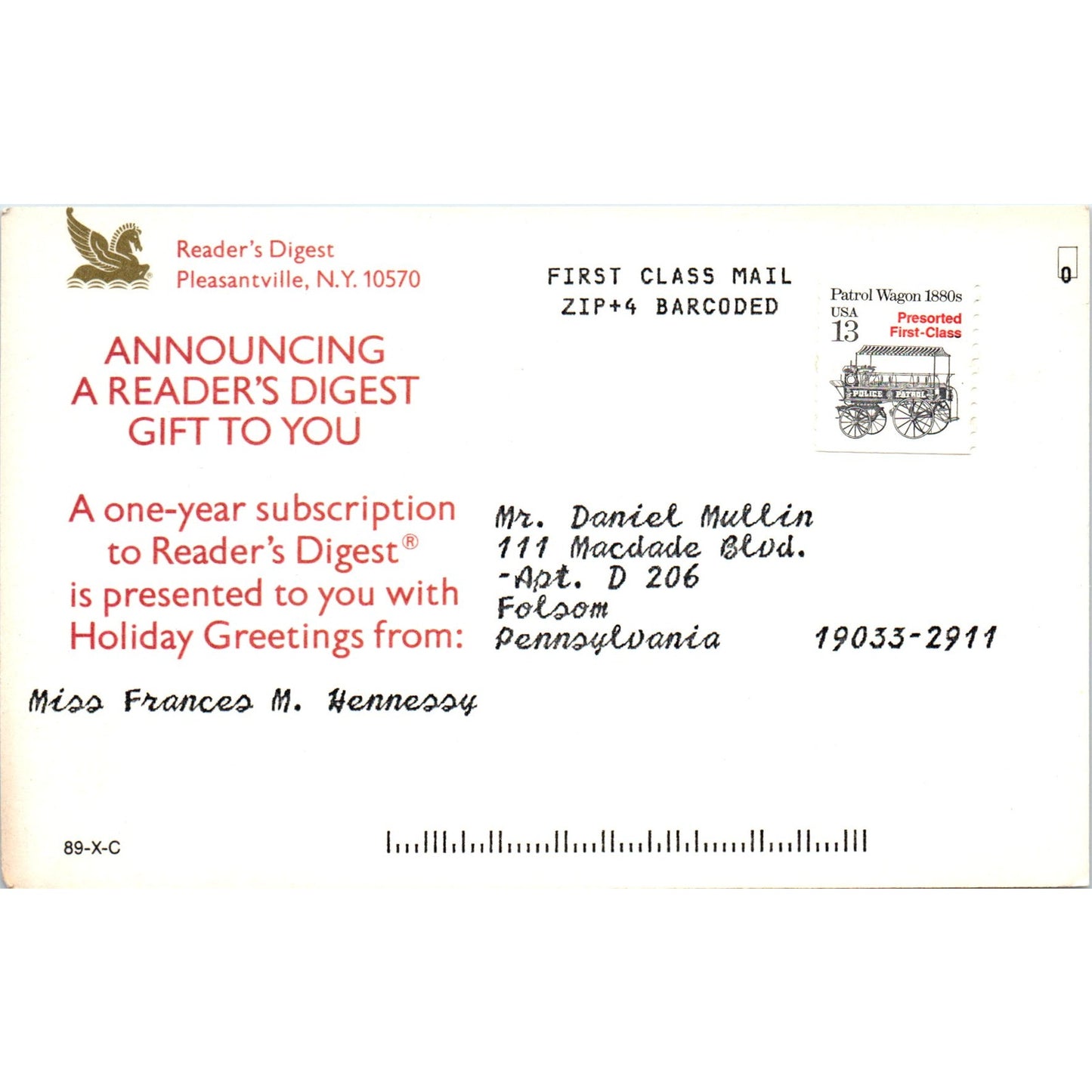 1980s Reader's Digest Christmas Greeting Card Pleasantville NY Postal Card PD7