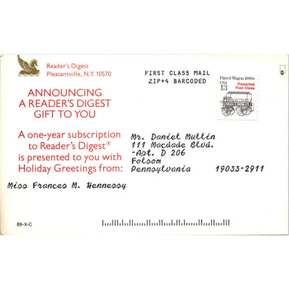 1980s Reader's Digest Christmas Greeting Card Pleasantville NY Postal Card PD7