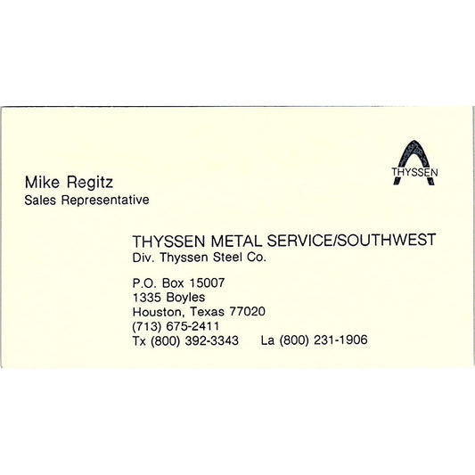 Mike Regitz Thyssen Metal Service Houston Vintage Business Card SE5-B2