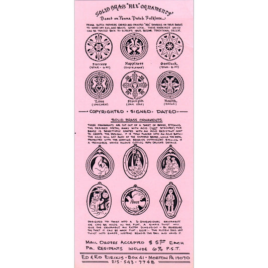 1970s Brass Hex Ornaments Dutch Folk Art Ed & Ro Eirkis Morton PA Leaflet TF4-BB