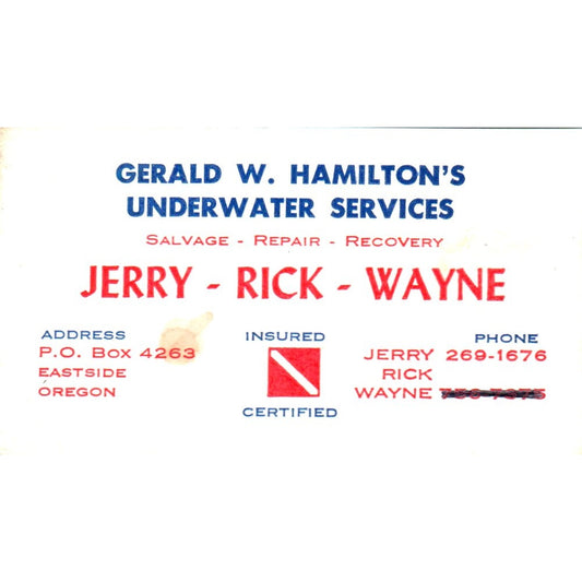 Gerald W Hamilton's Underwater Services Eastside OR Vintage Business Card SD8-B9