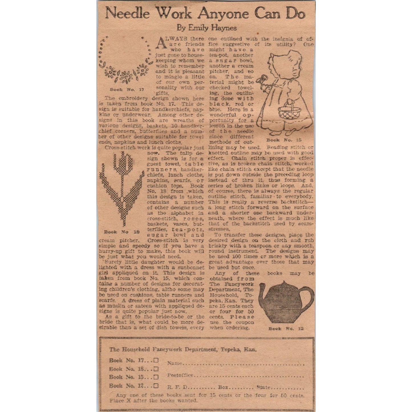 Needle Work Anyone Can Do Emily Haynes 1923 Magazine Ad Clip AE1-1