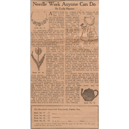 Needle Work Anyone Can Do Emily Haynes 1923 Magazine Ad Clip AE1-1