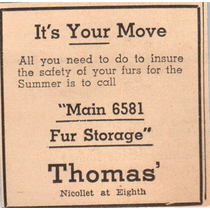 Thomas Fur Storage Nicollet at 9th 1935 Minneapolis Journal Advertisement AE7-H2
