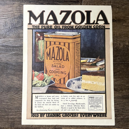 1920 Mazola Corn Oil Vintage Magazine Ad 10x13 V11