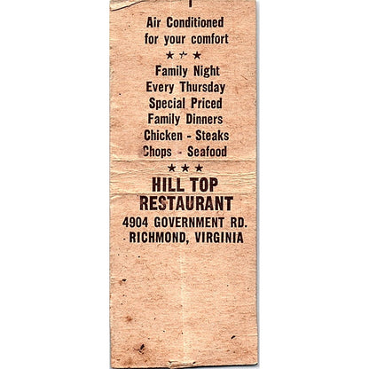 Hilltop Restaurant Richmond VA Vintage Matchbook Cover SC7-Y10