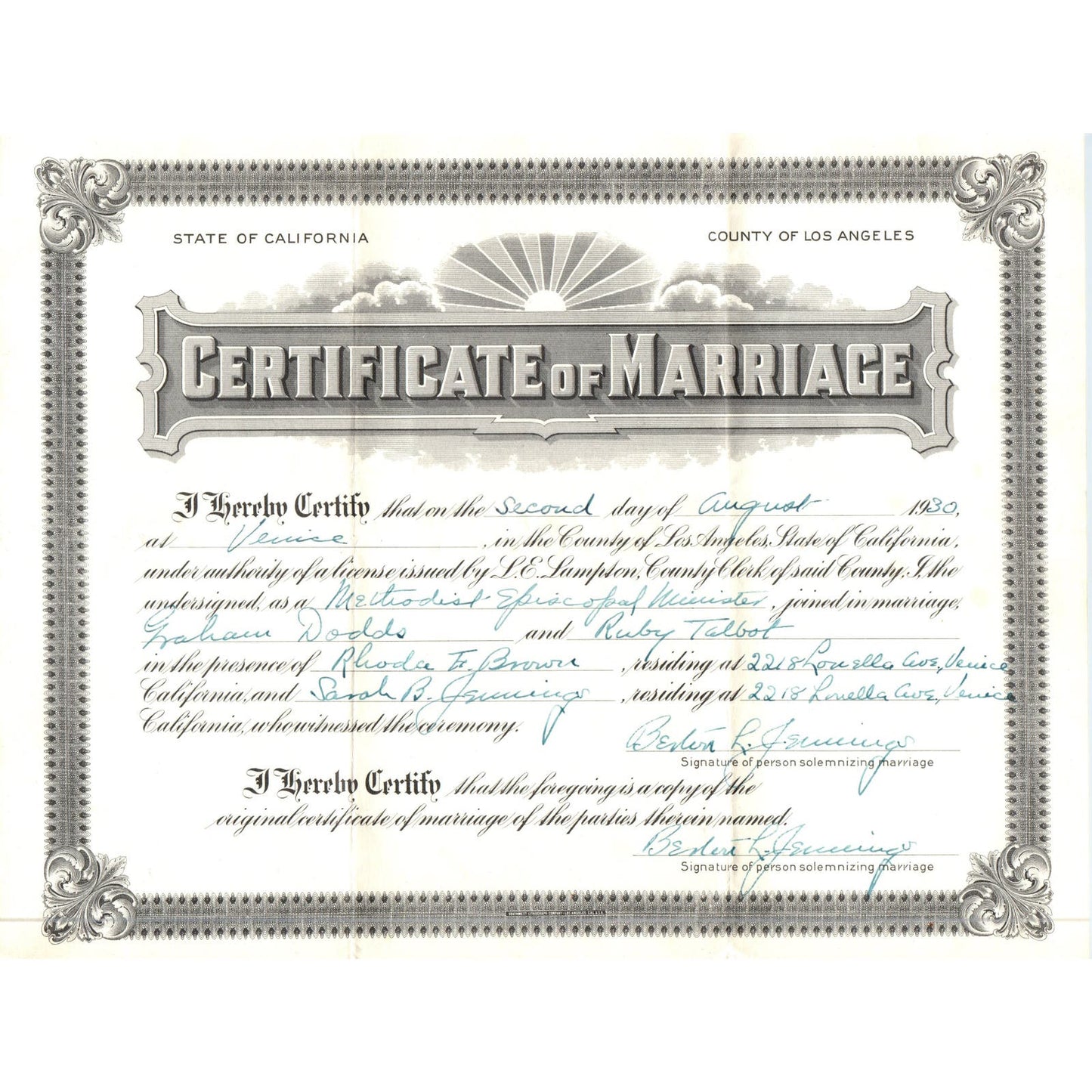 1930 Los Angeles CA Certificate of Marriage Graham Dodds Ruby Talbot AE6