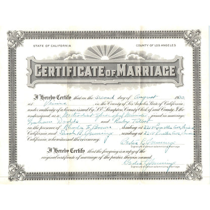 1930 Los Angeles CA Certificate of Marriage Graham Dodds Ruby Talbot AE6