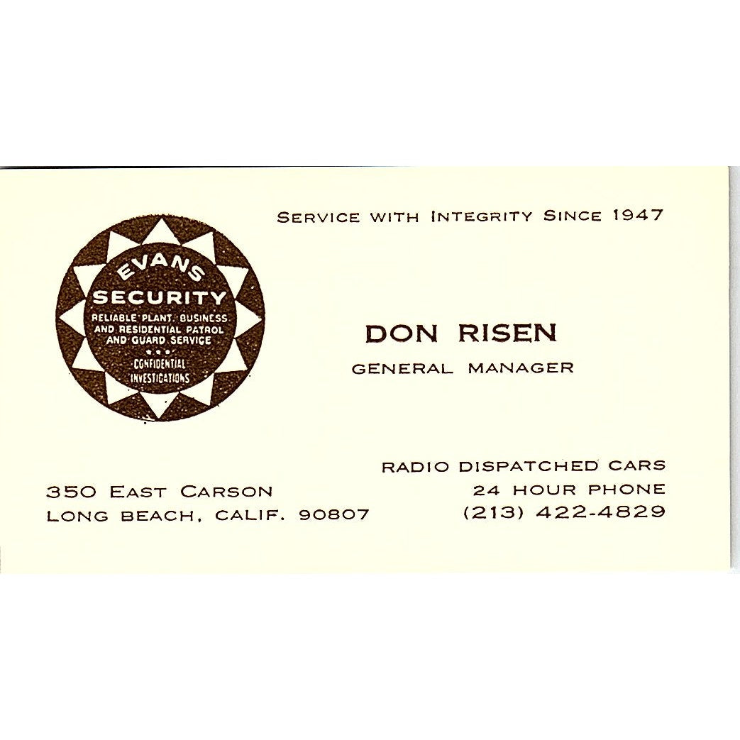 Evans Security Don Risen Long Beach CA Vintage Business Card SB4-B3