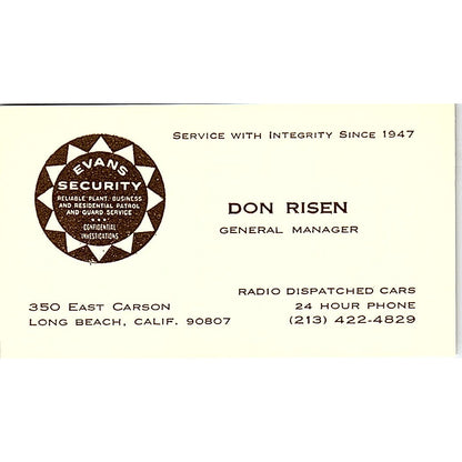 Evans Security Don Risen Long Beach CA Vintage Business Card SB4-B3