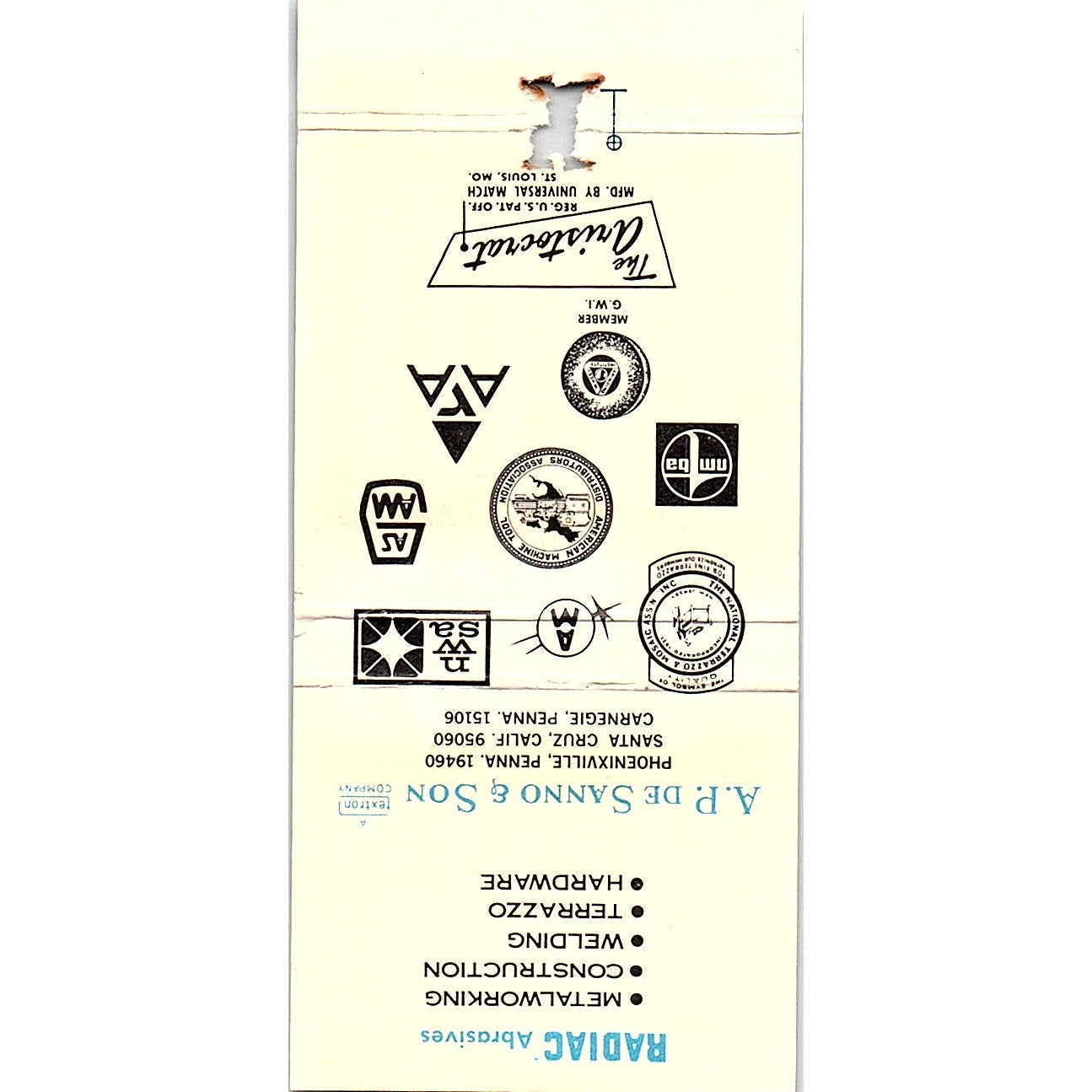 Radiac A.P. De Sano & Son Phoenixville PA Vintage Matchbook TB6-MB2-12