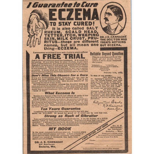 Eczema Cure Dr. J.E. Cannaday Sedalia MO 1910 Magazine Ad AF1-CM5