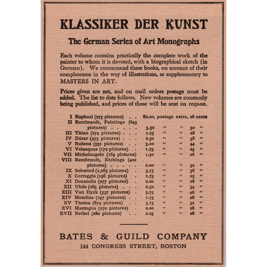 Bates & Guild Co Klassiker Der Kunst Boston c1905 Victorian Ad D13