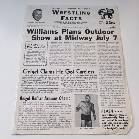 Larry Hennig Kowalski Anderson June 2 1962 Wrestling Facts Program & Card V1-3