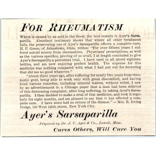 Ayer's Sarsaparilla for Rheumatism Lowell MA c1890 Victorian Ad AE8-CH2