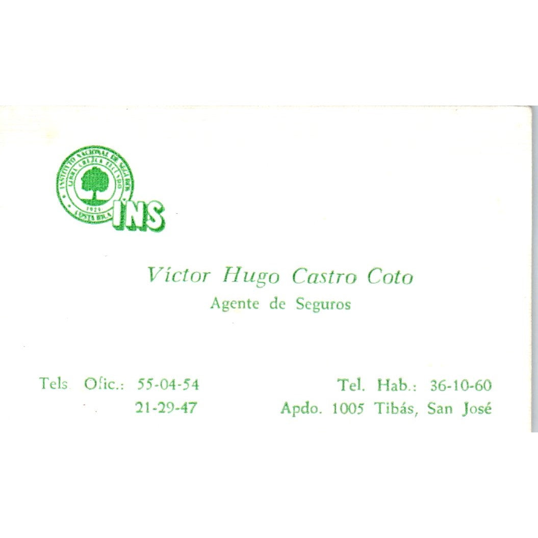Victor Hugo Castro Coto Agente De Seguros San Jose Vintage Business Card SD8-B16