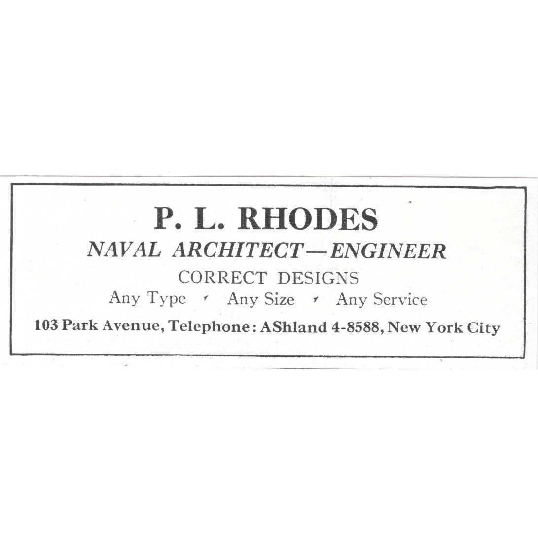 P.L. Rhodes Naval Architect Engineer Park Avenue New York 1932 Ad AG2-M20
