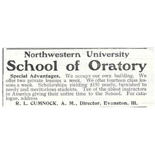 Northwestern University School of Oratory R.L. Cumnock c1918 Ad AE5-SV3