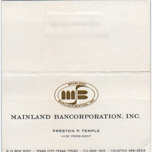 Preston P Temple Mainland Bancorporation Inc Houston Vtg Business Card SE3-B8
