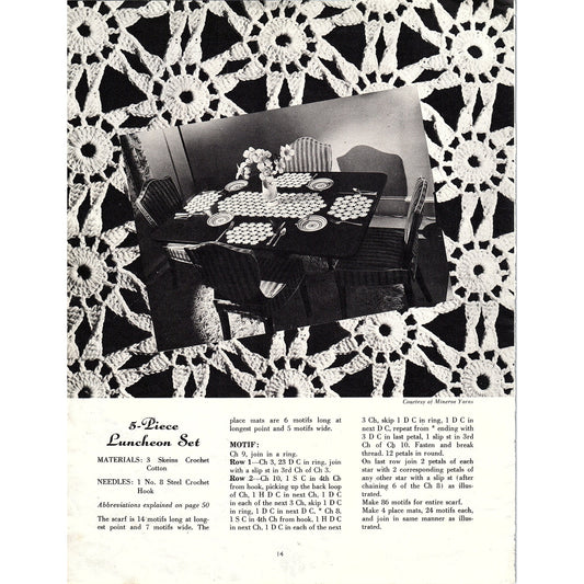 5 Piece Luncheon Set Placemats and Runner 1945 Knitting Pattern AG3-8