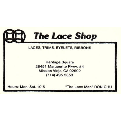 The Lace Shop "Lace Man" Ron Chu Mission Viejo CA Vintage Business Card SSB4-B13