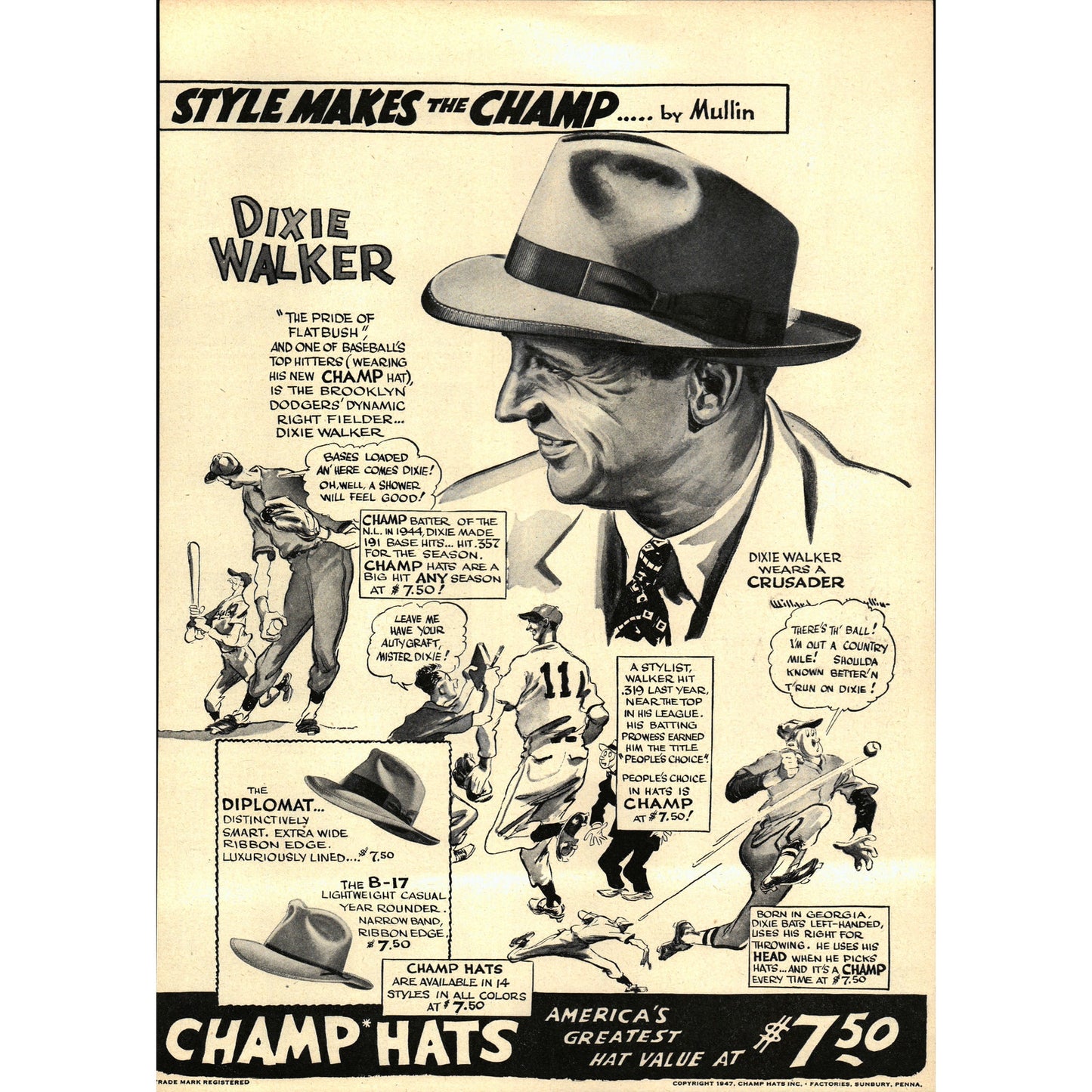 1947 Champ Hats Dixie Walker Baseball Cartoon Mullin Magazine Ad 9.5x13" V1-1