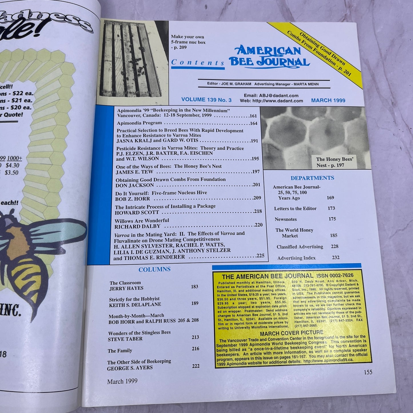 1999 March - American Bee Journal Magazine - Bees Beekeeping Honey M37