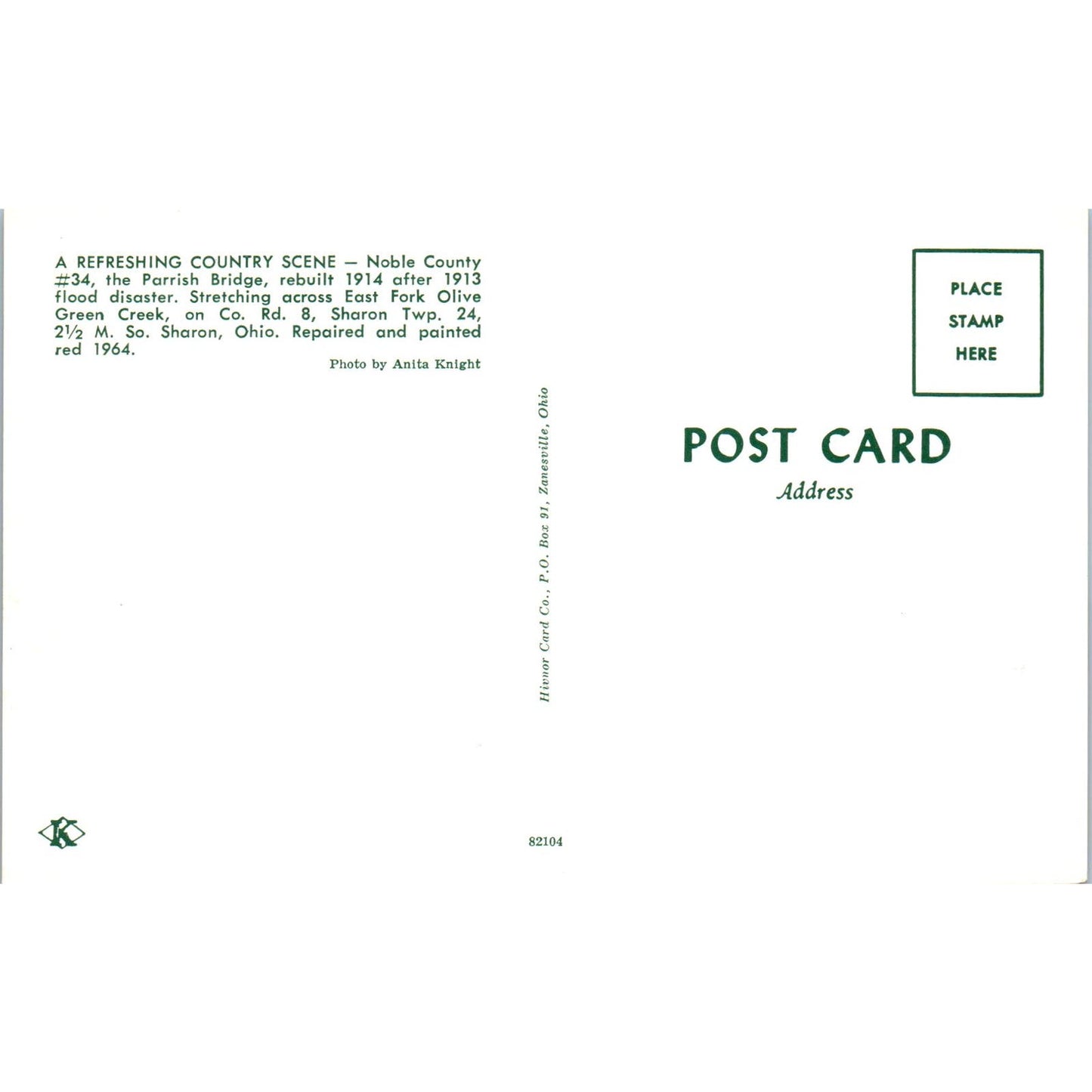 Noble County #34 Parrish Bridge Sharon OH Covered Bridge Postcard PB10