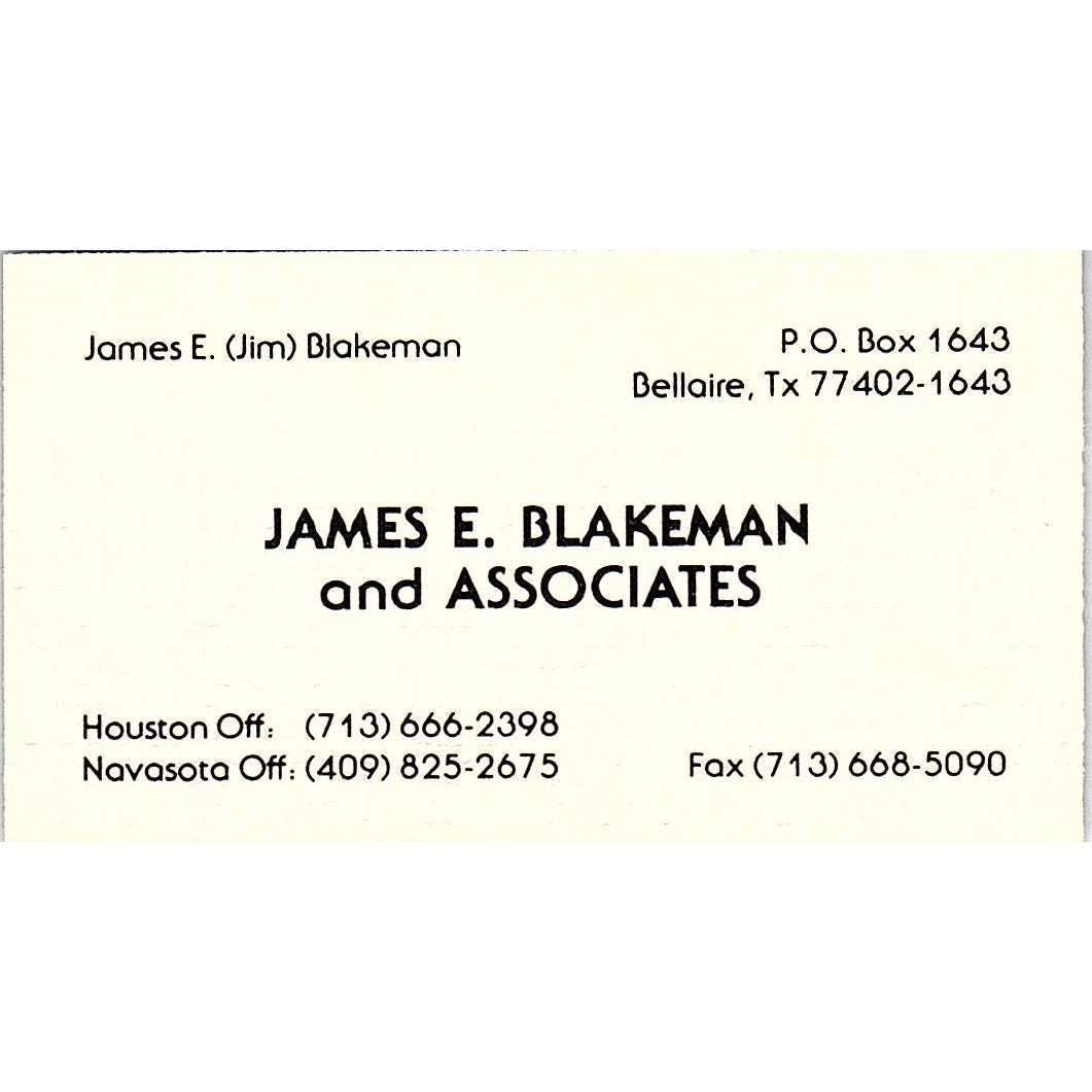 James E Blakeman & Associates Bellaire TX Vintage Business Card SD9-B14