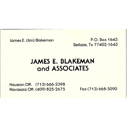James E Blakeman & Associates Bellaire TX Vintage Business Card SD9-B14
