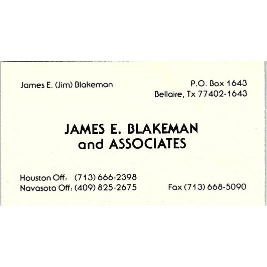 James E Blakeman & Associates Bellaire TX Vintage Business Card SD9-B14