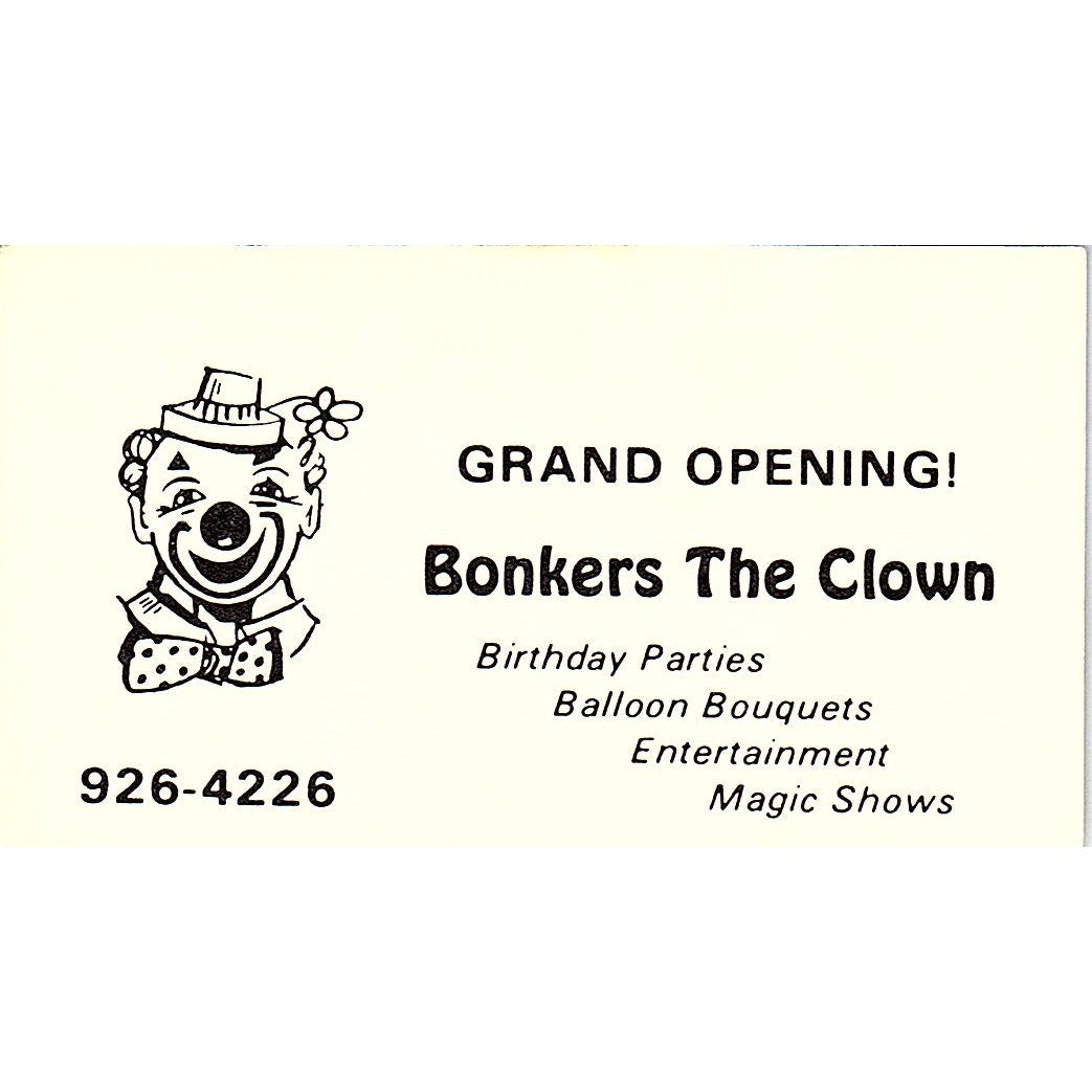 Bonkers The Clown Birthday Parties Entertainment Vintage Business Card SF3-B2