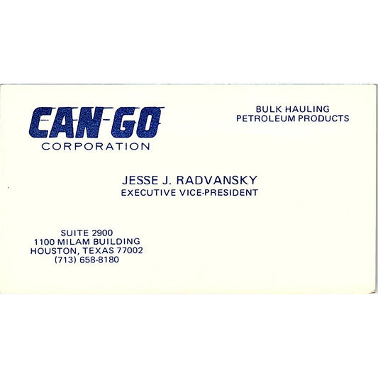 Can Go Corporation Jesse J. Radvansky Houston Texas Vintage Business Card SB4-B6