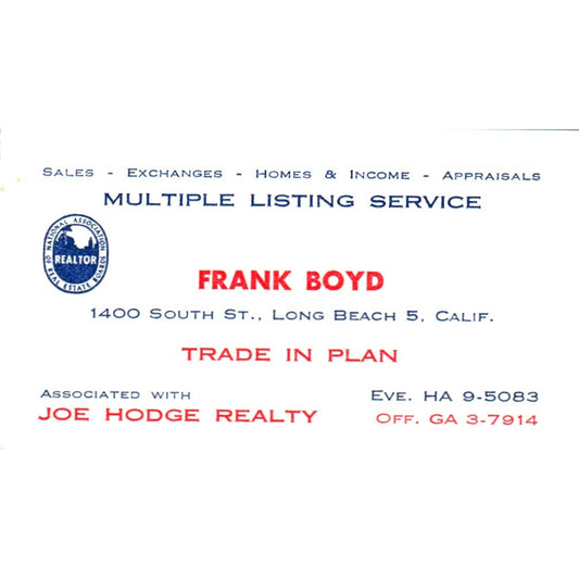 Frank Boyd Joe Hodge Realty Long Beach CA Vintage Business Card SD8-B1