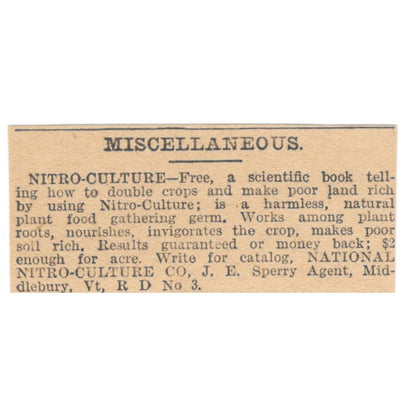 Nitro Culture Co J.E. Sperry Middlebury VT 1905 Magazine Ad AF1-NES3