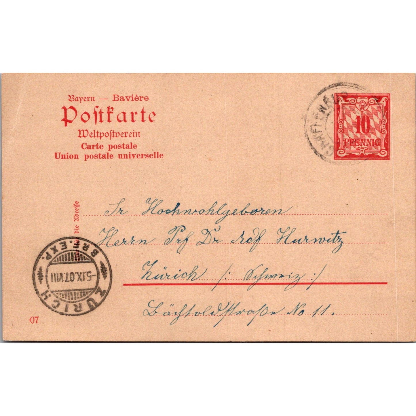 Hochnrahlgebaren Zurich 1907 German Reich Postcard P5-11