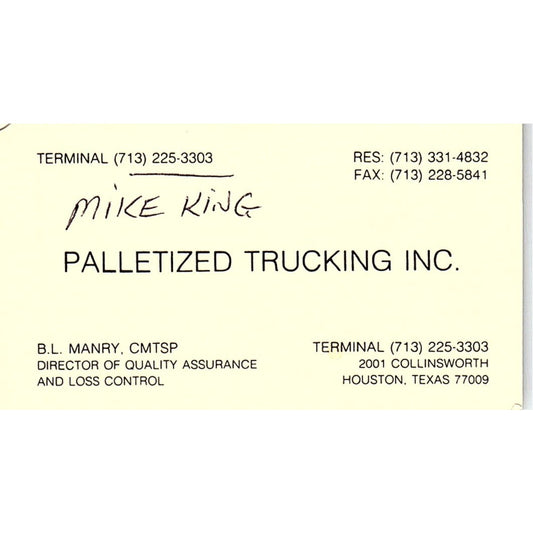 Mike King Palletized Trucking Inc Houston Vintage Business Card SC9-B2