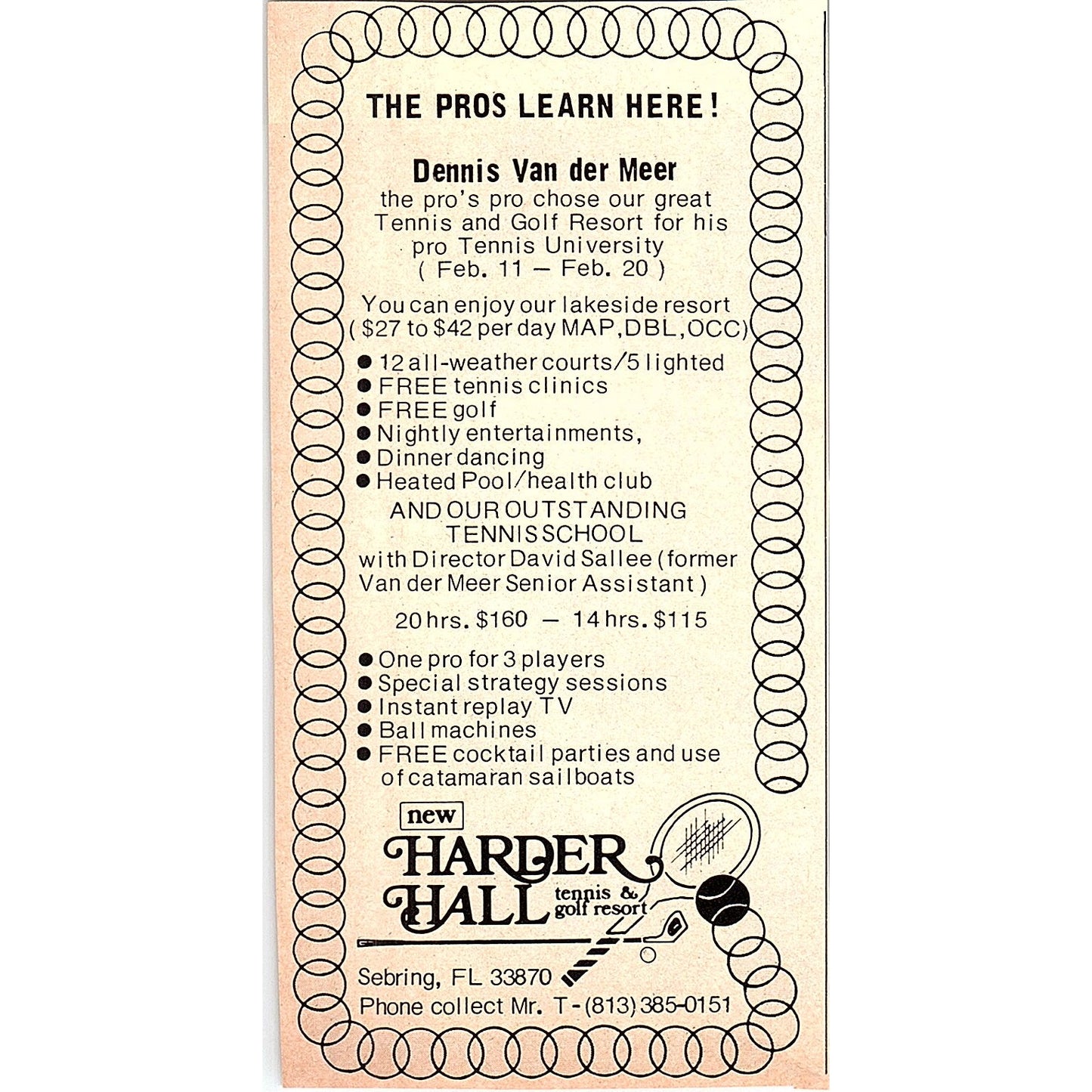 Harder Hall Tennis & Golf Resort Dennis Van der Meer Sebring FL 1977 Ad AF3-Q2