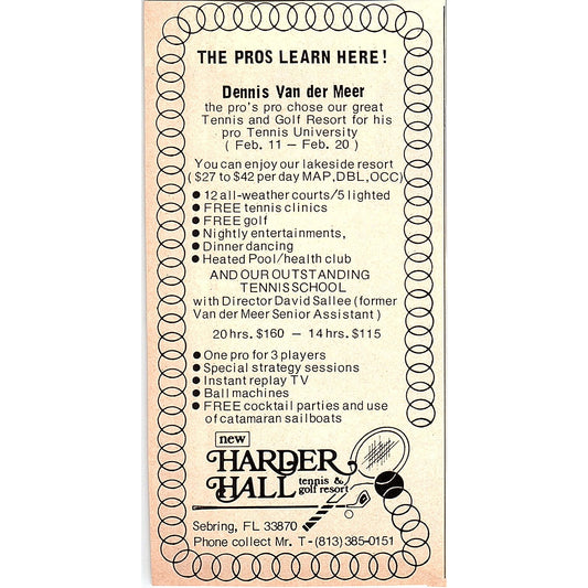 Harder Hall Tennis & Golf Resort Dennis Van der Meer Sebring FL 1977 Ad AF3-Q2