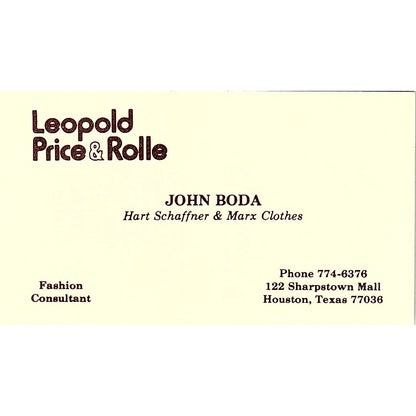 John Boda Leopold Price & Polle Houston Vintage Business Card SD9-B7