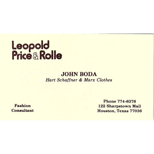John Boda Leopold Price & Polle Houston Vintage Business Card SD9-B7