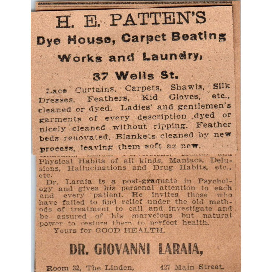 H.E. Patten's Dye House Hartford 1901 Newspaper Ad AD8-HS5