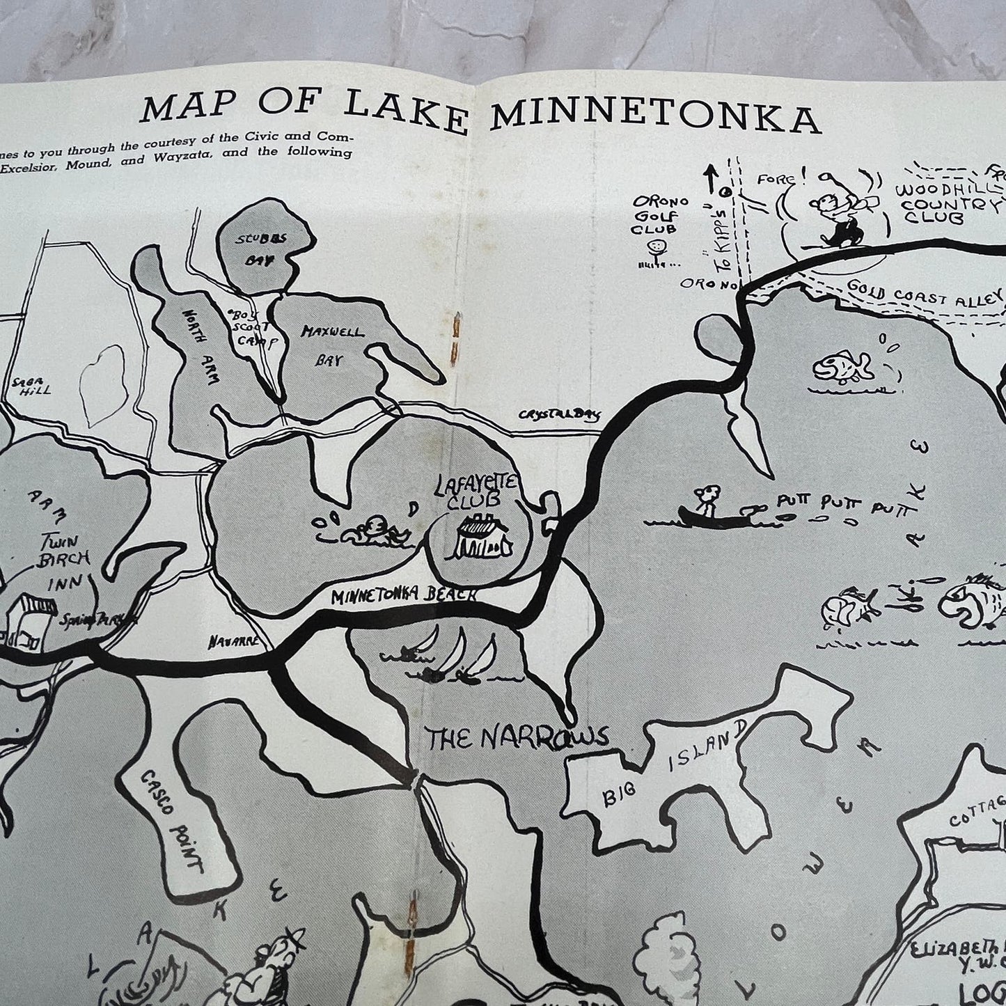 Map of Lake Minnetonka Illustrated With Local Businesses 1940 Fold Out D17