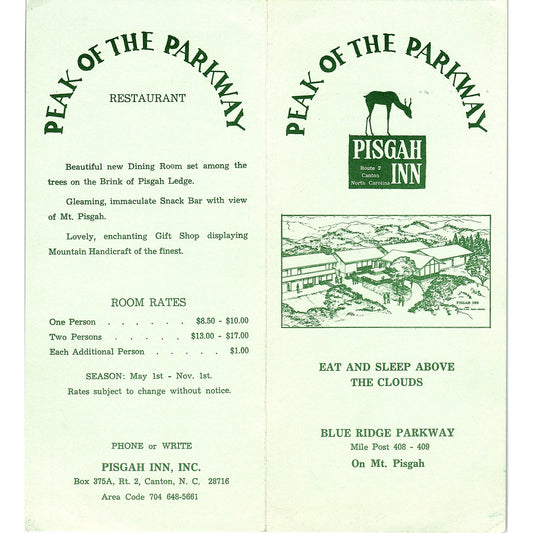 Peak of the Parkway Pisgah Inn Canton NC 1960s Travel Brochure TH2-TB3