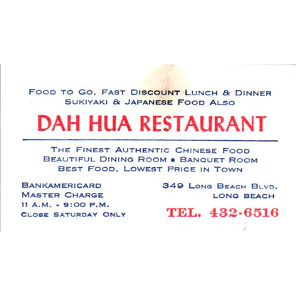 Dah Hua Chinese Restaurant Long Beach CA Vintage Business Card SE3-B6