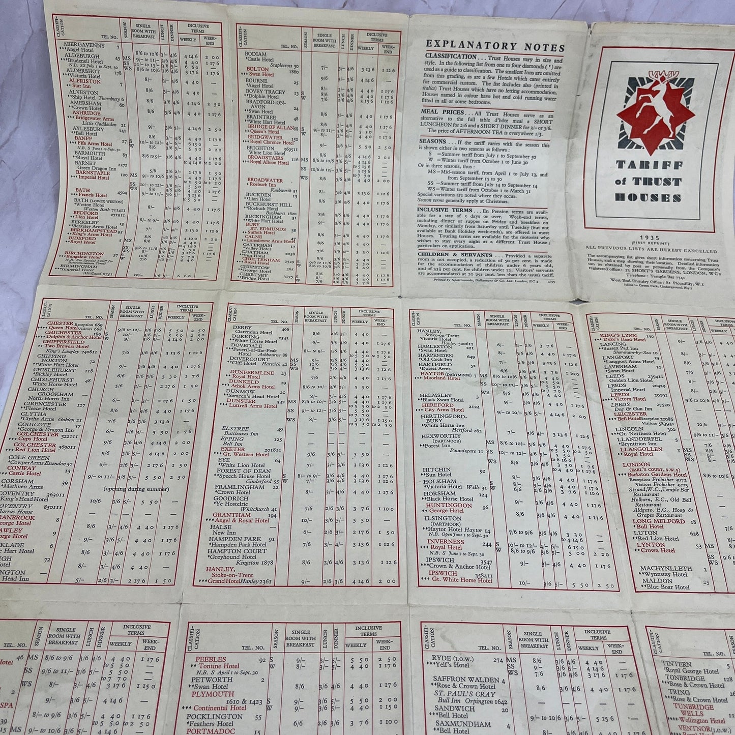 1935 Tariff of Trust Houses Fold Out Map of England and Wales TJ5-E1