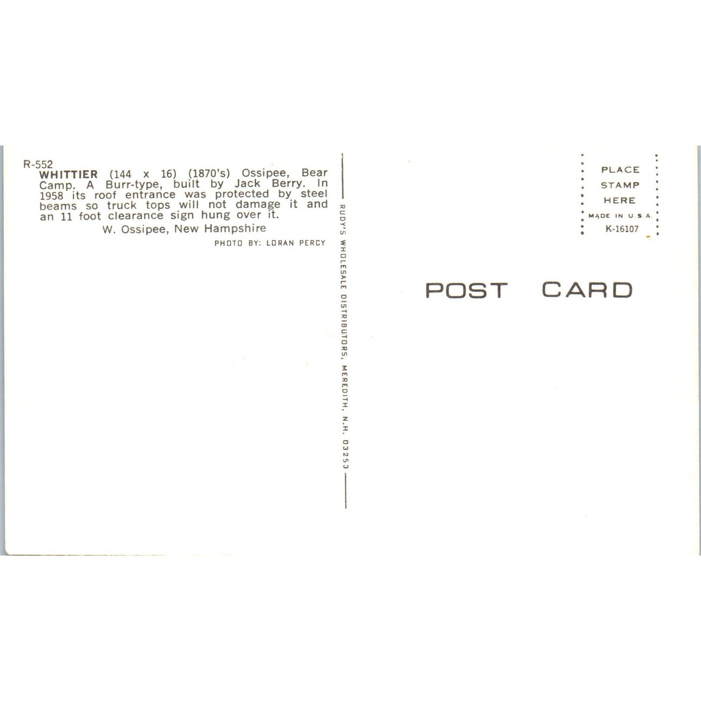 Whittier Ossipee Bear Camp New Hampshire Covered Bridge Postcard PC5