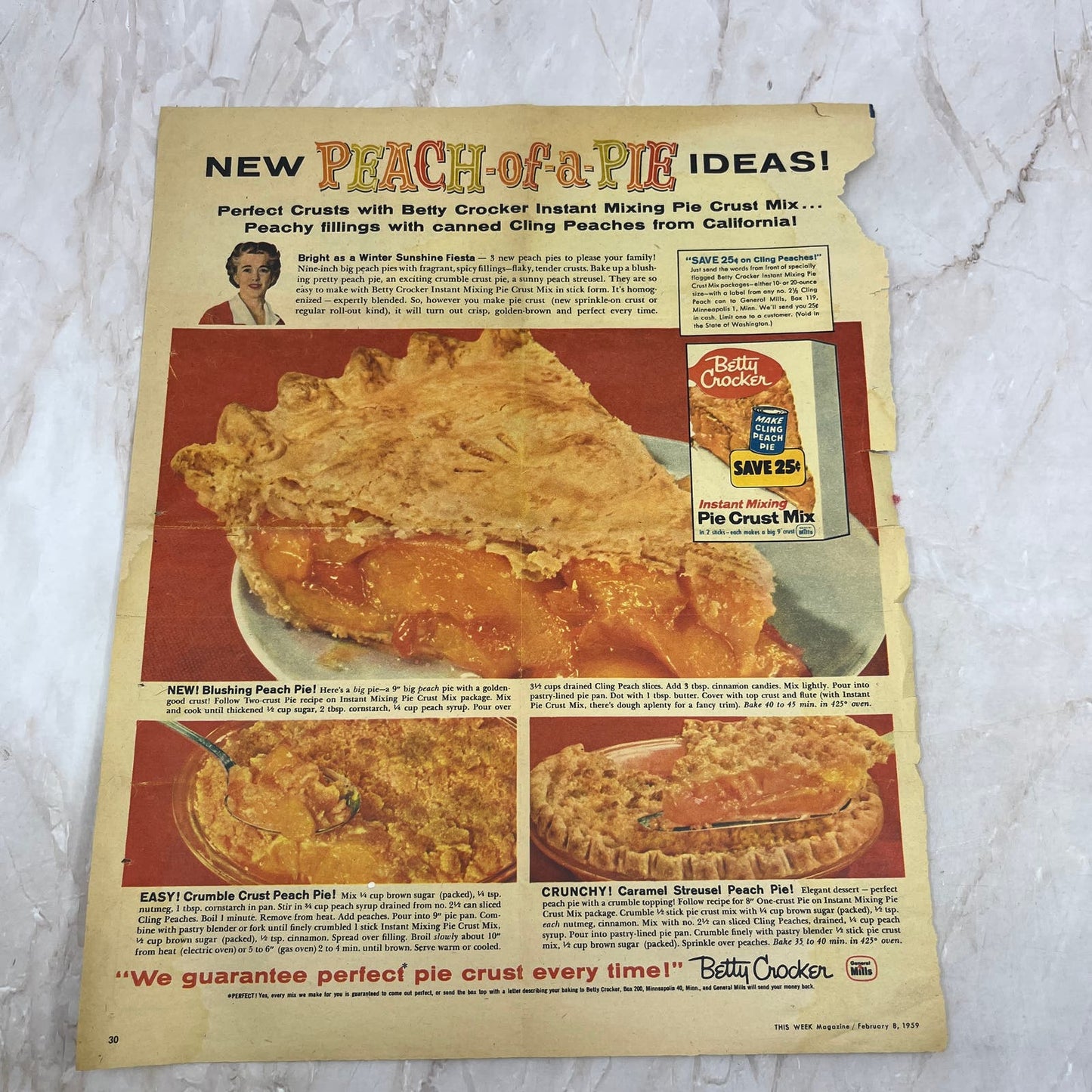 1959 Betty Crocker Peach Pie Recipe 10x13 Magazine Advertisement FL6-7